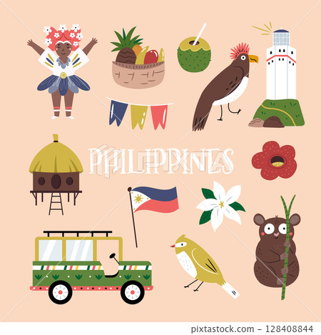 Cute Vector Set with Philippines Landmarks, Food, People and Symbols in Cartoon Style Cute Vector Set with Philippines Landmarks, Food, People and Symbols in Cartoon Style 128408844