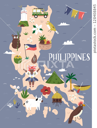 Cute Vector Map of the Philippines with Landmarks, Culture, Nature and People in Cartoon Style 128408845