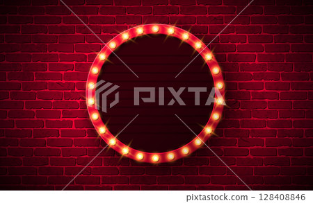 Retro Signboard Lightbox Banner Design with Glowing Light Bulb Frame Billboard on Vintage Brick Wall Background. Vector Customizable Marquee Sign Illustration for Casino Advertising, Theater Show 128408846