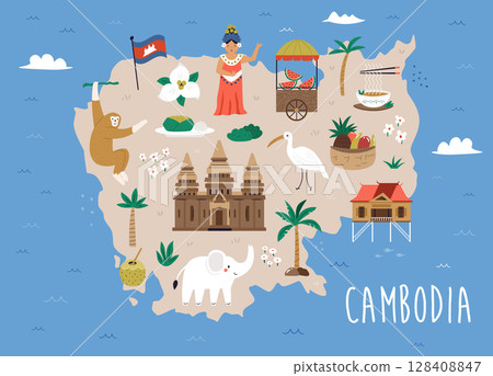 Cute Vector Set with Cambodia Landmarks, Food, People and Symbols in Cartoon Style 128408847