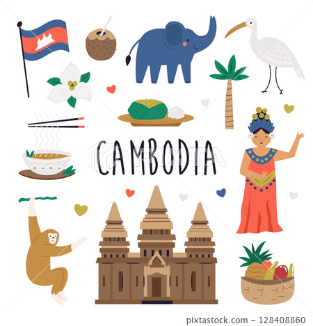 Cute Vector Set with Cambodia Landmarks, Food, People and Symbols in Cartoon Style 128408860