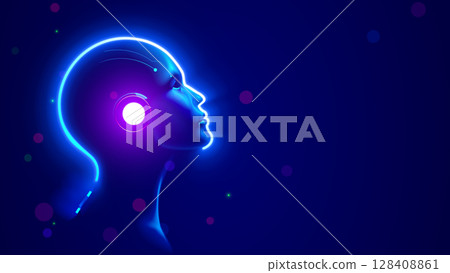 AI. AGI. Artificial intelligence in human face or head concept. Glowing neon silhouette of the head of a wise Artificial Intelligence or AGI on a blue background. A kind and intelligent face of AGI. 128408861