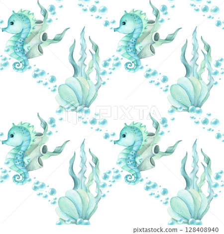 Seahorse children character seamless pattern, seaweed, seashell and bubbles. Watercolor illustration turquoise shades isolated on white Background, for kids room decor, wallpaper, textile, packaging 128408940