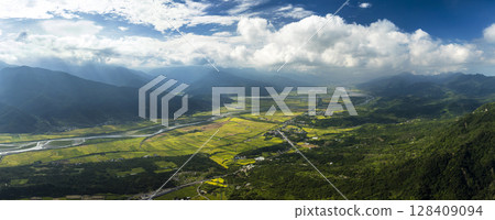 Aerial Panorama view of Beautiful rice fields and east rift valley,  Taiwan 128409094