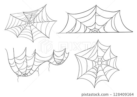 Spiderweb corner line border, gothic scary hanging net frame. Simple spooky halloween decoration. Cobweb spider trap. 128409164