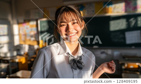 身穿制服、笑容迷人的年輕女子的明亮肖像 | 微笑，女人 128409195