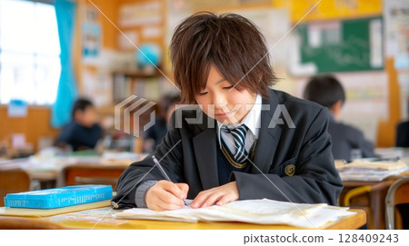 Elementary school boy concentrating on studying at his desk | Learning, effort, future, growth, home learning Elementary school boy concentrating on studying at his desk | Learning, effort, future, growth, home learning 128409243