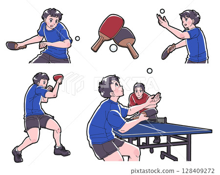一組男孩打乒乓球的插圖 128409272