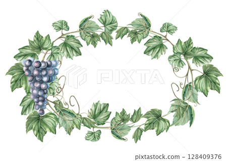Oval frame with grapevine and bunch of ripe grapes. Isolated watercolor illustration in realistic style for restaurant menu design, bar interior, textile printing. 128409376