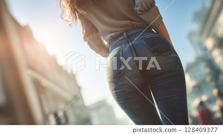 Back view of a woman walking in the city and denim fashion | Urban, casual, freedom 128409377