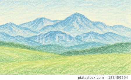 Crayon drawing of a mountain landscape from spring to summer (16:9 horizontal banner with copy space) 128409394