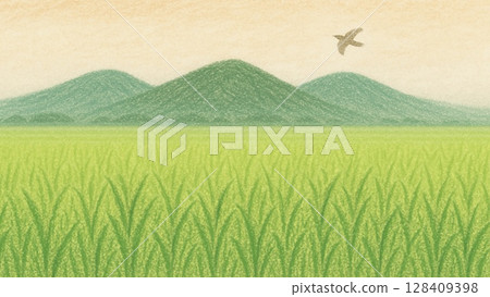 色鉛筆繪製的夏季至秋季山脈和稻田風景（16：9 橫向橫幅，帶有複製空間） 128409398