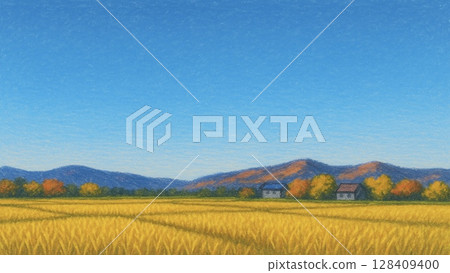 Colored pencil drawing 2 of mountains with autumn leaves and ripe rice fields (16:9 horizontal banner) 128409400