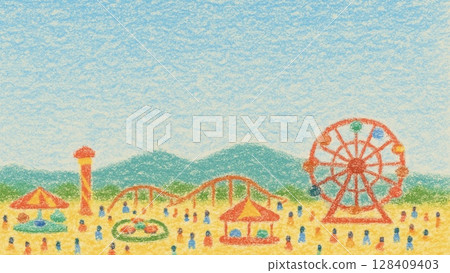 蠟筆畫的遊樂園全景圖（16：9 橫向橫幅，複製空間） 128409403
