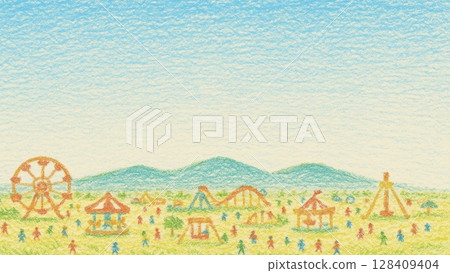 蠟筆畫的遊樂園全景圖（16：9 橫向橫幅，複製空間） 128409404