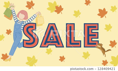 一個女孩和一隻松鼠正在開心地購物（16：9 橫向橫幅出售） 128409421