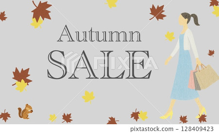 A woman and a squirrel walking among falling leaves (16:9 horizontal banner for Autumn Sale) 128409423