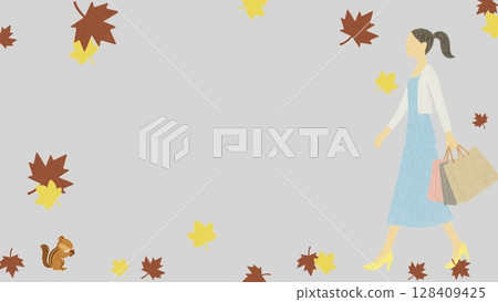 A woman and a squirrel walking among falling leaves (16:9 horizontal banner, copy space) 128409425