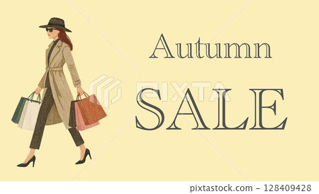 時尚女性享受購物(秋季促銷的 16:9 橫向橫幅) 時尚女性享受購物(秋季促銷的 16:9 橫向橫幅) 128409428