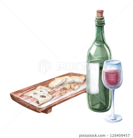Wooden tray with different types of cheese and a bottle of red wine. Isolated watercolor illustration in a realistic style for restaurant menu design, bar interior, textile printing. Wooden tray with different types of cheese and a bottle of red wine. Isolated watercolor illustration in a realistic style for restaurant menu design, bar interior, textile printing. 128409457