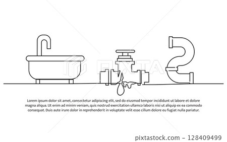 Continuous line design of repair of faucet pipe in bathtub. Single line decorative element drawn on white. 128409499