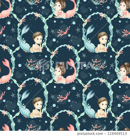 Mermaids girl, boy, seaweed frame, wreath seamless pattern. Sea watercolor children's illustration characters isolated on dark background, heart's shadows. Template for kids decor, packaging, textile 128409513