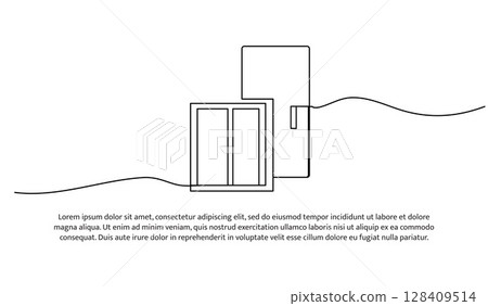 Continuous line design of window and door. Single line decorative element drawn on white. 128409514