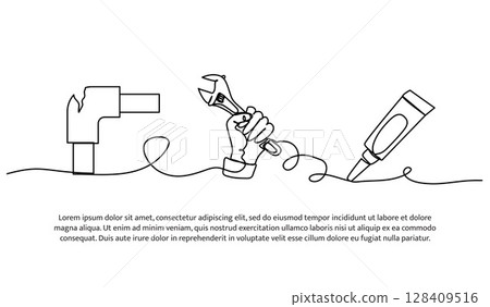 Continuous line design of repairing damaged pipes using glue. Single line decorative element drawn on white. 128409516
