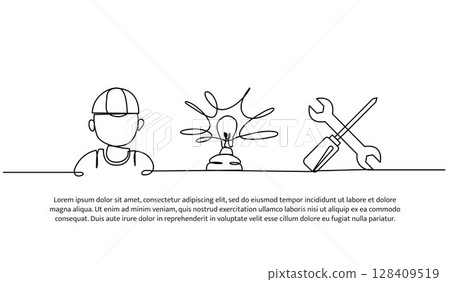 Continuous line design of repair the lamp using a screwdriver. Single line decorative element drawn on white. 128409519