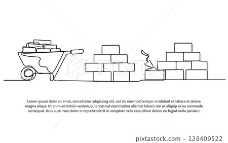 Continuous line design of transporting bricks using a wheelbarrow. Single line decorative element drawn on white. Continuous line design of transporting bricks using a wheelbarrow. Single line decorative element drawn on white. 128409522