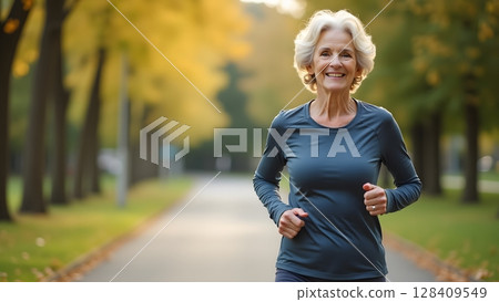 Active Mature Woman Running Outdoors with Determination 128409549
