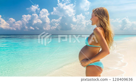 Pregnant Woman in Bikini on Tropical Beach Banner 128409636