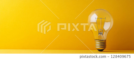 Light Bulb on Yellow Background, Symbolizing Bright Ideas Banner 128409675