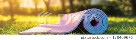 Yoga Mat Rolled on Grass in Morning Sunlight 128409676