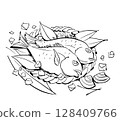 Fresh fish and shellfish line drawing illustration 128409766