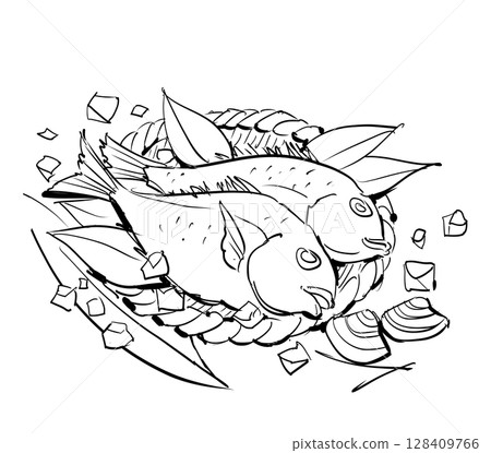 新鮮的魚和貝類線描插圖 128409766