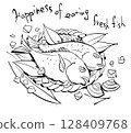 Fresh fish and shellfish line drawing illustration with English letters 128409768