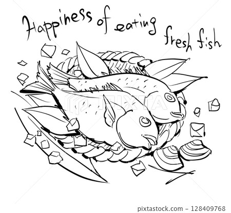 Fresh fish and shellfish line drawing illustration with English letters Fresh fish and shellfish line drawing illustration with English letters 128409768
