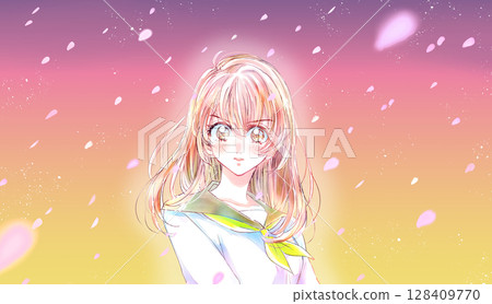水手服女學生，動力，傍晚，櫻花風暴 128409770