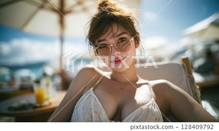 Portrait of a woman relaxing on a resort chair Portrait of a woman relaxing on a resort chair 128409792