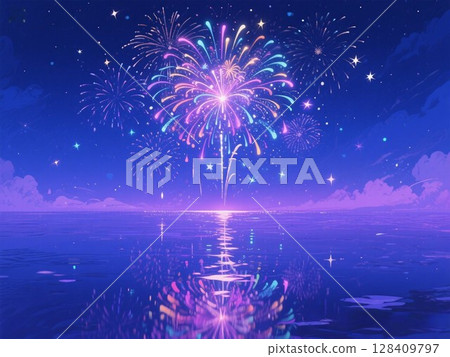 插畫資料：煙火與水面 128409797