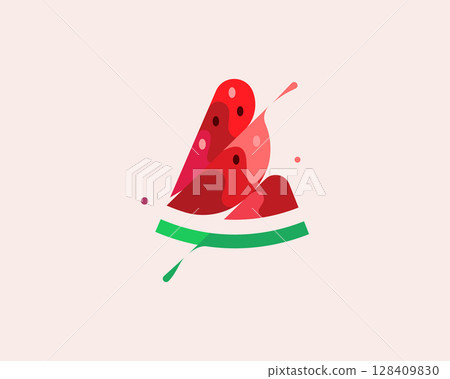 A piece of watermelon vector colorful modern minimal style illustration. Creative icon logo splash concept explosion with drops. Fresh berry vector logo emblem symbol logotype 128409830
