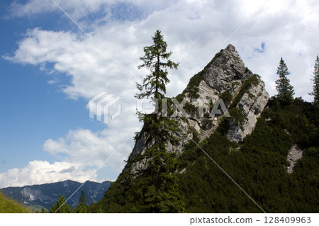 Stunning landscape featuring a unique rock formation and lone tree in Tyrol, Austria during a bright sunny day Stunning landscape featuring a unique rock formation and lone tree in Tyrol, Austria during a bright sunny day 128409963