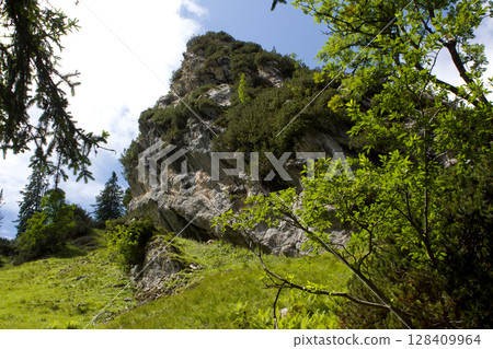 Majestic rock formation surrounded by lush greenery in Tyrol Austria during a bright summer day Majestic rock formation surrounded by lush greenery in Tyrol Austria during a bright summer day 128409964