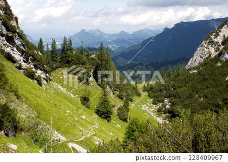 Scenic hiking trail in Tyrol, Austria, showcasing lush greenery and distant mountains under a partly cloudy sky Scenic hiking trail in Tyrol, Austria, showcasing lush greenery and distant mountains under a partly cloudy sky 128409967