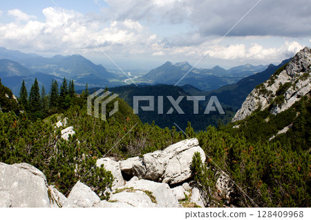 Mountain landscape in Tyrol, Austria with lush greenery and dramatic clouds showcasing natural beauty and outdoor serenity 128409968