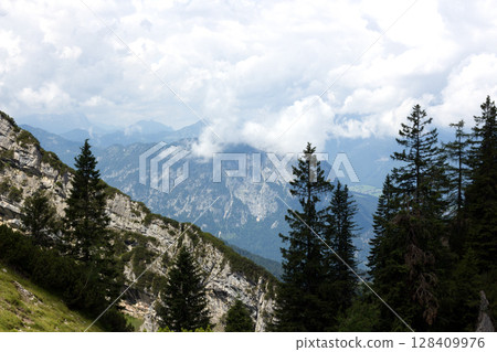 Majestic mountains rise above lush forests in Tyrol, Austria, inviting adventure and exploration on a cloudy day 128409976