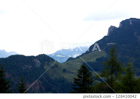 Scenic view of Tyrol Austria showcasing lush mountains and serene valleys under a cloudy sky 128410042
