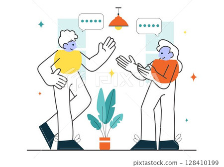 Social Interaction Vector Illustration Featuring Mobile Social Communication with Friendly Conversations and Audience Engagement in a Background 128410199