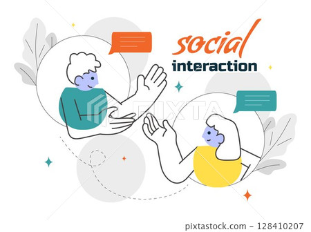 Social Interaction Vector Illustration Featuring Mobile Social Communication with Friendly Conversations and Audience Engagement in a Background 128410207